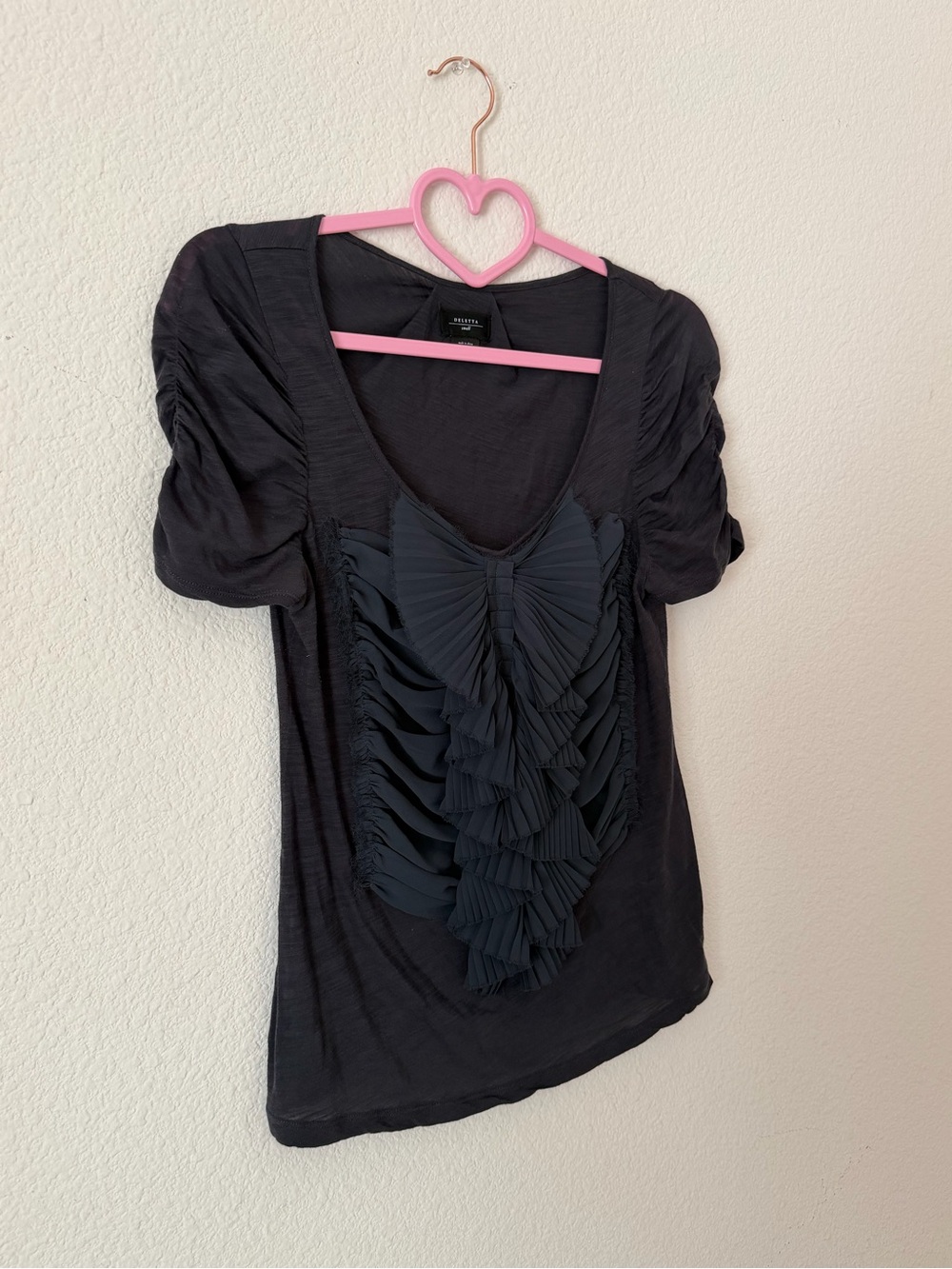 Anthropologie Deletta Black/Navy Ruffle Bow Front Scoop Neck Top